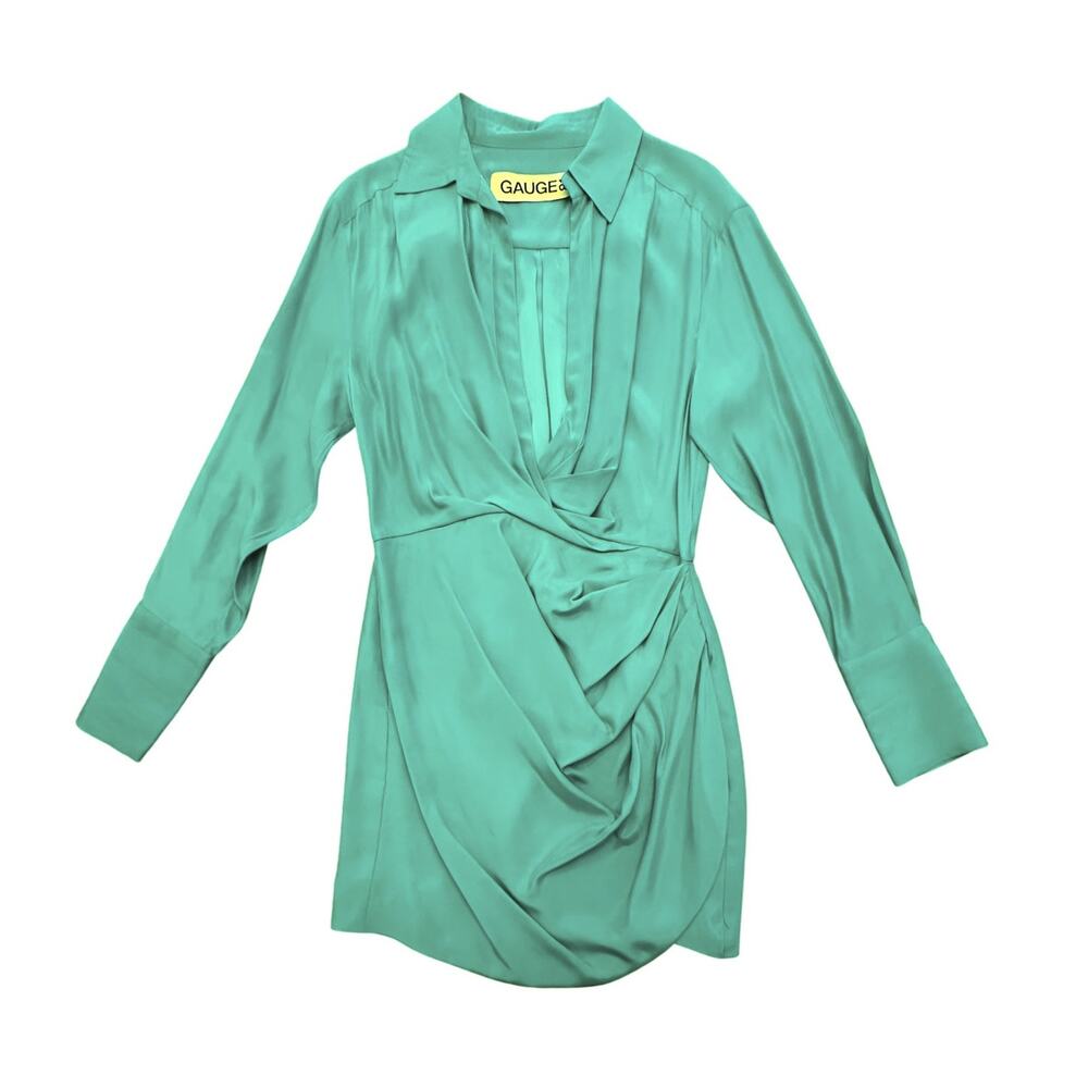 Gauge81 Naha Green Silk V-Neck Long Sleeve Mini Party Dress Medium - Picture 3 of 7
